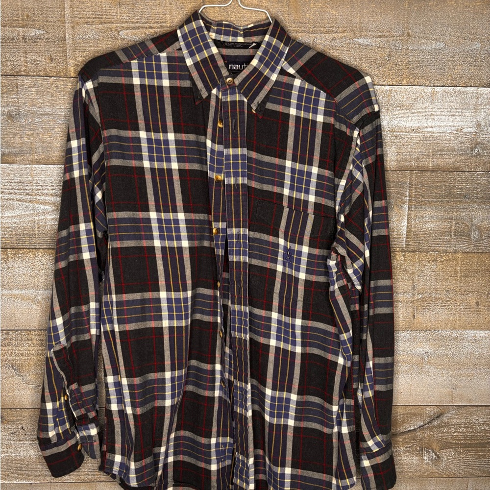 Nautica Men's Plaid Button Down Shirt - Black, Red, White, and Blue